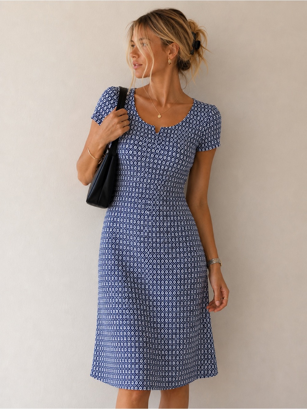 Tory Burch Blue White Geometric Midi Dress XS Tailored Short Sleeve